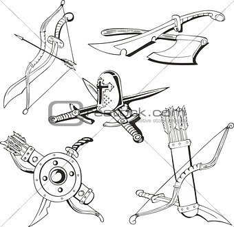 Black and white sketches of blades and old weapon