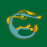 Ornamental celtic lion as initial letter E
