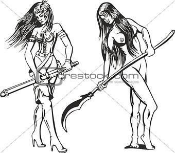 Set of two sexy amazon women with blades