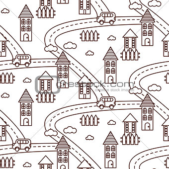 Outline village seamless pattern.