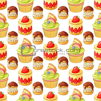 Colorful desserts and pastry seamless vector pattern on white background.