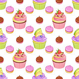 Strawberry chocolate and blueberry lemon cupcakes and meringues vector seamless pattern.