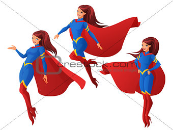 Vector set of women in blue and red superhero outfit in three different poses.