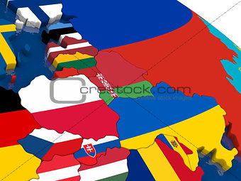 East Europe on 3D map with flags
