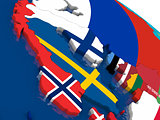 Scandinavia on 3D map with flags