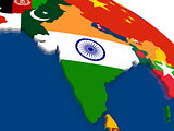 India on 3D map with flags