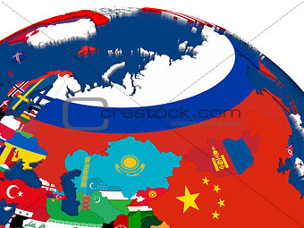 Russia on 3D map with flags