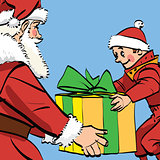 Santa Claus gives the boy a box of gifts