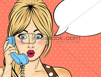 Pop art  woman chating on retro phone . Comic woman with speech 