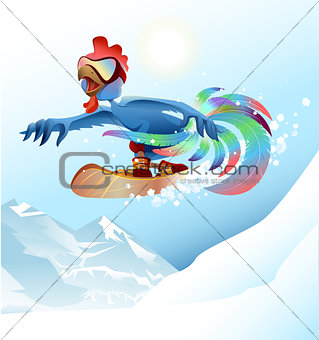 Rooster on snowboard riding mountain. Blue cock symbol 2017