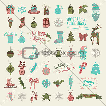 Set of Hand Drawn Artistic Christmas Doodle Icons.