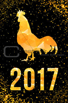 Happy 2017 Chinese New Year card. Vector poster of a golden rooster isolated on black background. Design template for prints, covers, posters, gift cards.