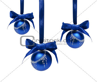 Hunging blue christmas balls isolated