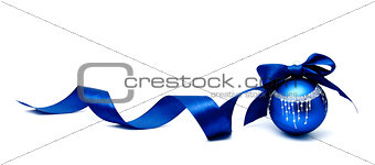 Perfect blue christmas ball with ribbon isolated 