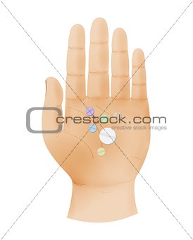 human hand shows five fingers and palm with pills