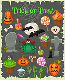Halloween fashion flat icons isolated on brounbackground. Halloween vector characters. Pumpkin,ghost and witch