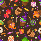 Halloween candy seamless pattern. Texture with sweets, candy corn and pumpkins on black background. Vector illustration