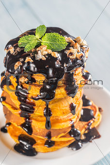Pumpkin pancakes with chocolate topping