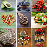 collage set super food - goji berries, chia seeds  with vegetables, fruits and herbs