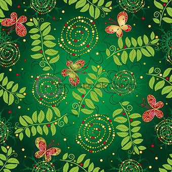 Seamless green gradient pattern with leaves