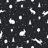 Seamless Christmas pattern with Rabbit silhouettes on a black background
