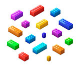 Different colorful lego bricks in isometric view isolated on white