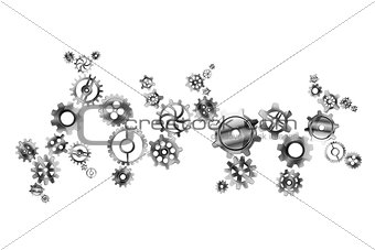 Glossy metal cogwheels arranged in complicated mechanism isolated on white