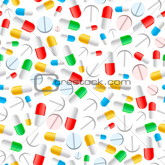 Colourful pills on white, seamless pattern