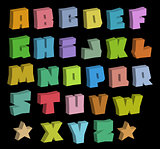 3D graffiti blocky color fonts alphabet over black
