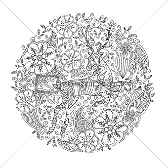 Coloring page with running deer and floral circle.