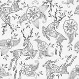 Seamless pattern with running deer flying and floral motif hand drawn