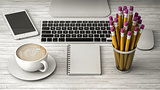 phone on the table, coffee and notebook 3d illustration