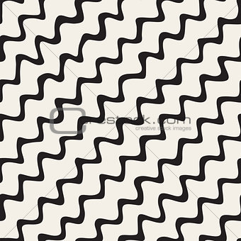 Vector Seamless Black and White Hand Drawn Diagonal Wavy Zigzag Lines Pattern