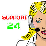 Round-the-clock telephone support. Woman dispatcher. Vector illustration