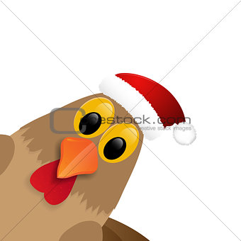 Rooster in Santa hat isolated on white background.