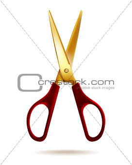 Golden scissors isolated on white background.