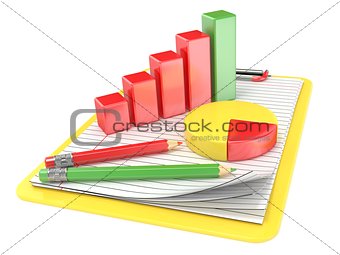 Yellow clipboard, paper, pencils and charts. 3D