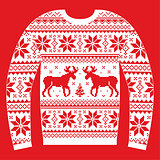 Ugly Christmas jumper or sweater with reindeer and snowflakes red and white pattern