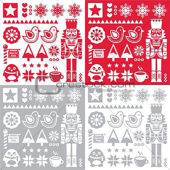 Christmas pattern with nutcracker - set of four designs folk art style
