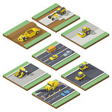 Isometric elements infographic showing the stages of construction or maintenance road with the appropriate using the technique