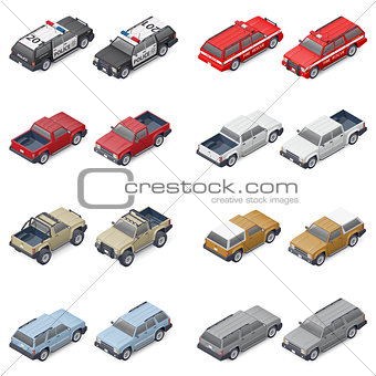 Isometric SUVs, pickup trucks, and service vehicles of police or fire brigade set icon