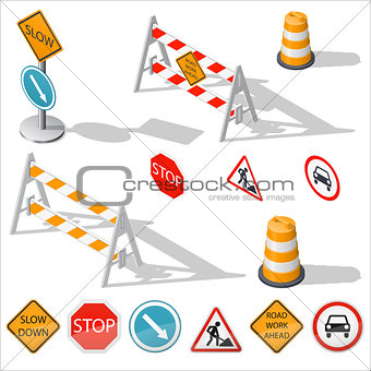 Road barriers and signs isometric detailed icon set