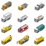 Commercial, construction, and service trucks isometric icon set