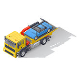 Vehicle tow truck transporting on board a broken car isometric icon set