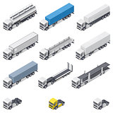 Trucks with different semi-trailers detailed isometric icons set