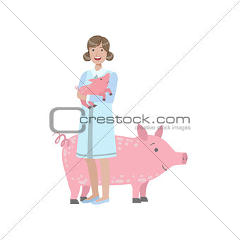 Woman In White Gown Holding A Piglet With Adult Pig Behing Her
