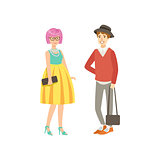 Girl With Pink Hair In Yellow Skirt And Guy  Shotr Trousers