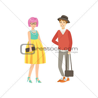 Girl With Pink Hair In Yellow Skirt And Guy  Shotr Trousers