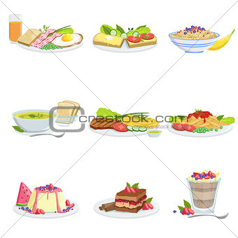 European Cuisine Dish Assortment Menu Items Detailed Illustrations