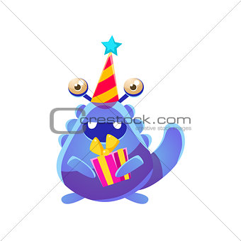 Blue Toy Monster In Party Hat With Present